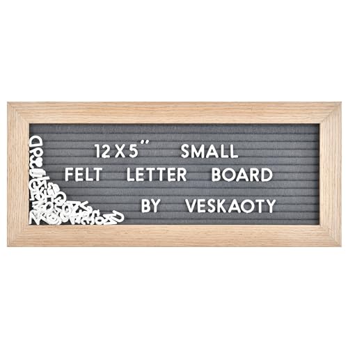 Image of Small Felt Letter Board with 374 Letters, Numbers & Symbols - 12 x 5 inch Mini Changeable Message Board with Wooden Frame Wall Mount Hook (Grey)