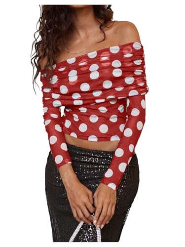 WDIRARA Women's Mesh Polka Dots Off Shoulder Crop Top Ruched Long Sleeve Slim Fit Sheer Tee Shirt