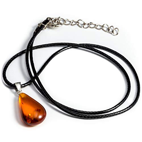 Handmade Baltic Polished Amber Pendant Drop with Cord, Genuine Amber
