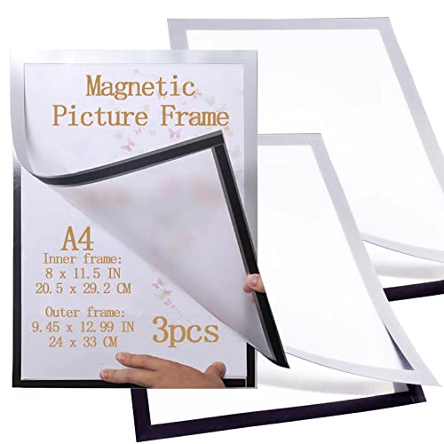 Magnetic Picture Frame Photo Pocket Sign Holder A4 8*11.5 Doulbe Sided Border Poster Document Artworks Schedules Display Frame For Office Store School Wall Door Window Refrigerator (Silvery *3) #TOP8