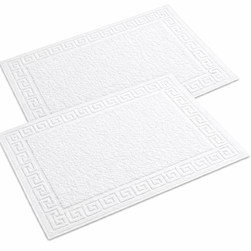 Set of 2 Luxury 100% Egyptian Cotton Greek Key Bath Mats – Ultra Soft Terry Towelling Bathroom Floor Rugs, Highly Absorbent Hotel Quality, 50 x 70 cm (White)
