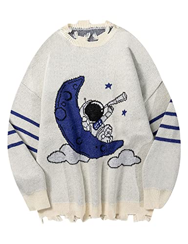 Yimoon Men Sweaters Oversized Graphic Casual Cable Knitted Jumper Pullover Cute Unisex Crewneck Retro Couple Tops (C-Beige-XL)