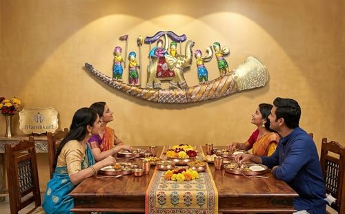 Image of Metal Wall Art for Living Room | Rajasthani Elephant Wall Decor | Handcrafted Iron Wall Hanging | Traditional Indian Home Decoration | Colorful Royal Procession Wall Art with LED Backlight (44*19inch)