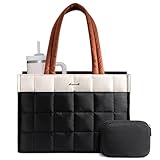 LOVEVOOK Tote Bag for Women, Puffer Work Handbag 15.6 Inch Laptop Purse for Nurse Teacher, Large Quilted Travel Tote Shoulder Bag with Zipper for College Office Clinical Gym, Cream-Black-Brown