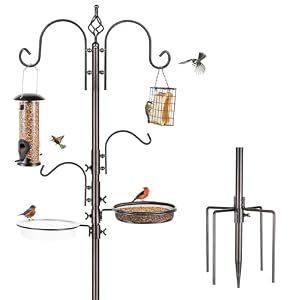 MIXXIDEA Vogelvoederstationset, vogelvoederstok met 5-polige basis, multifunctionele vogelvoederstandaard voor buiten, met haken, voederbak, badbak, eenvoudig te gebruiken, 1 set in zwart (set van 3