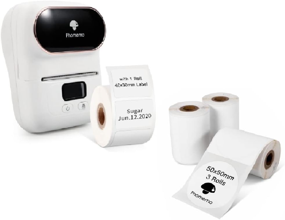 Phomemo M110 Label Maker with 3 Rolls 1.96" x 1.96"（50x50 mm Thermal Labels, Bluetooth Thermal Label Maker Printer Apply to Labeling, Office, Cable, Retail, Barcode, Compatible with Android & iOS