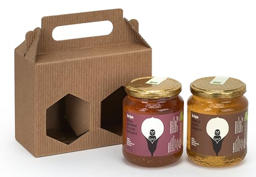 IO APE - Caja de regalo con 2 tarros de miel orgánica del lago de Como de 500 g (1 kg total) - Tarros de miel de ACACIA y MILLEFIORI en caja de regalo con esparcidor de miel de madera