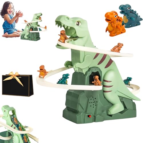 Oforest Dinosaur Climbing Slide Music Toy, Electric Dinosaur Climbing Stairs Toy, Fun Track Slide Roller Coaster with Lights and Music, Children's Gifts (6 Dino)