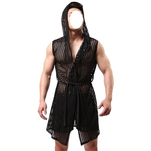 JEKE-DG Men's Sexy Hooded Mesh Robes See Through Sleeveless Lingerie Set Breathable Bathrobes Sleepwear Pajamas3