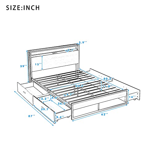 Anwick Queen Size Metal Platform Bed Frame With Two Drawers,Sockets And Usb Ports,Slat Support No Box Spring Needed, White #TOP1