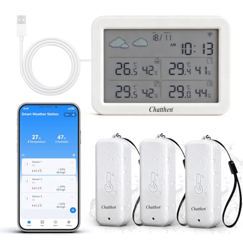 Chatthen Stazione Meteo con Sensore Esterno, Stazione Meteo Wifi 1 Schermo e 3 Sensori Esterni, Termometro Ambiente Interno Esterno con Data e Previsione Meteo, Compatibile con Alexa