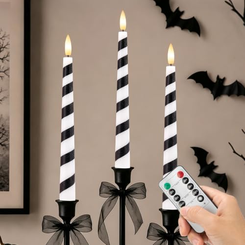 Image of Halloween Taper Candles Striped, Black and White Flameless Candles 3 Pack | Flickering LED Candlesticks with Remote and Timer, Warm 3D Wick Light, Home Table Mantel Party Festival Decor 9.6 Inches