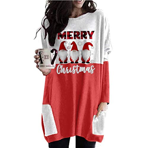 Túnica feminina de manga comprida solta com bolsos laterais e gola redonda