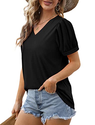 Geifa Womens T Shirts Casual Summer Short Sleeve Tops Work V Neck Tshirts Black S #TOP2