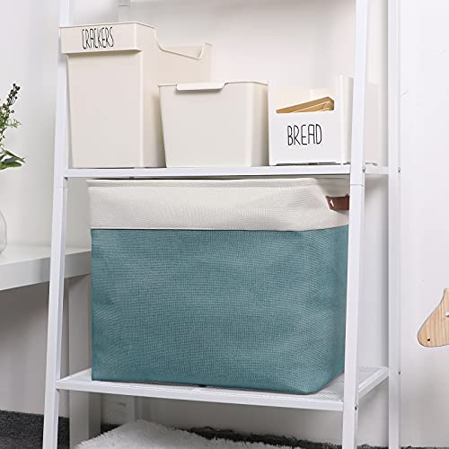 Image of DULLEMELO Large Collapsible Storage Basket /Bin with Sturdy Leather Handles, Fabric Organizer Bin for Storage Clothes, Toys, Books, Office, Bedroom, Closet, Nursery & Laundry (White&Teal)