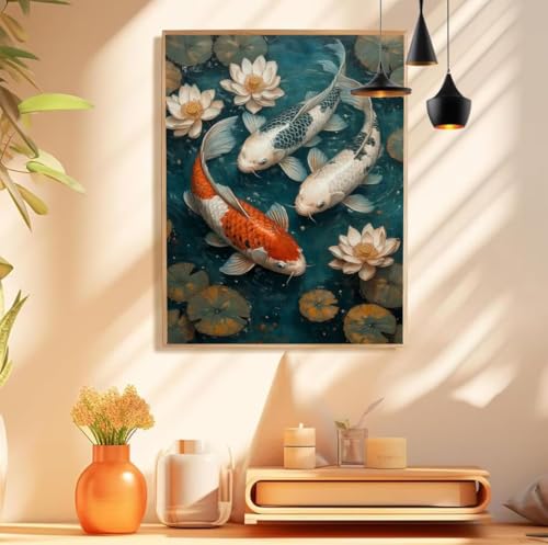 Dipingere con i Numeri Adulti Koi, Loto Quadri da Dipingere Numerati Bambini, DIY Paint by Numbers Adults Pittura a Olio Kit con Pigmento Acrilico e 3 Pennelli per Home Room Decor, 10x20cm,Model 934