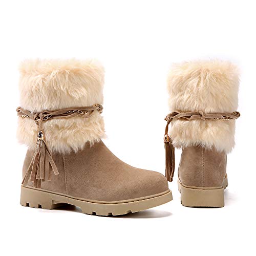 Susanny Women's Winter Fashion Warm Short Booties Casual Outdoor Suede Flat Heel Waterproof Faux Fur Beige Snow Boots 8 B (M) US