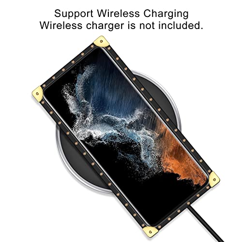 Wollony For Galaxy S22 Ultra Square Leather Case With Kickstand Ring Stand Holder Luxury Retro Case For Women Girls Metal Edges Shockproof Protective Cover For Samsung Galaxy S22 Ultra 6.8'' Brown #TOP2