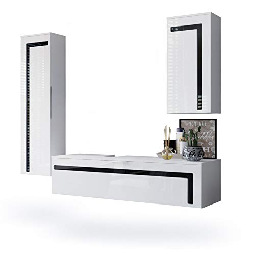 Vladon Conjunto de Muebles para baño Aloha, Cuerpo en Blanco Mate/Frentes en Blanco de Alto Brillo con molduras en Negro de Alto Brillo