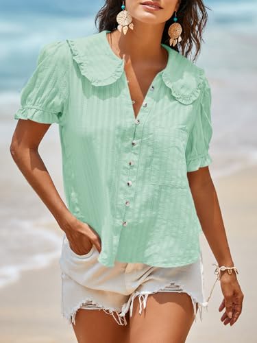 Image of Tankaneo Womens Puff Sleeve Shirts Peter Pan Collar Button Down Cotton Blouse Casual Summer Textured Tops