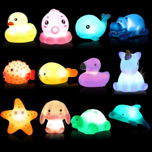 Leuchtendes Badespielzeug für Babys, 12er Pack Sensory Toys, Farbwechsel Badewannenspielzeug für 1-3 Jahre Alte, Mould Free Baby Badespielzeug, Spaß Badewannenspielzeug mit LED-Lichtern
