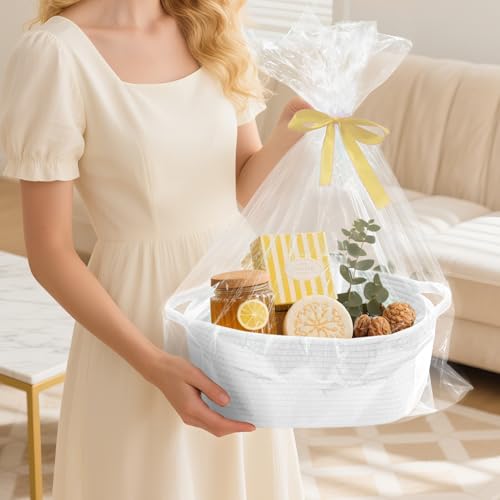 Image of Woven Basket with Gift Bags and Ribbons, 14 inchX 10 inch X 6 inch Storage Basket White | Gift Storage Organizer Basket Bin Shelf Shelves Cotton Rope Basket for Nursery, Pet Toys