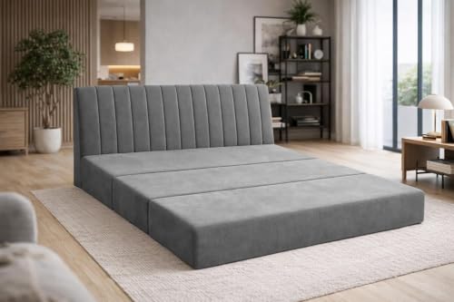 Image of Three-Seater Convertible Floor Sofa Bed with Modern Velvet Fabric Folding Couch for Living Room, Guest Room & Small Spaces - Grey Color