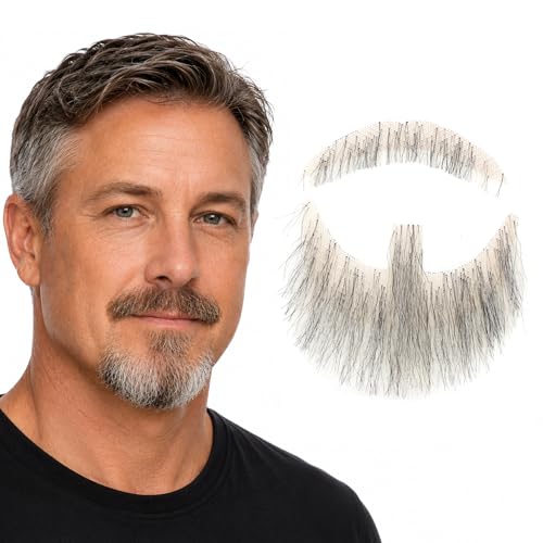 Human Hair Fake Beard and Mustache Set Full Hand-Tied Lace Goatee Realistic Mustache Human Hair Perfect for Halloween Cosplay Theater Costumes