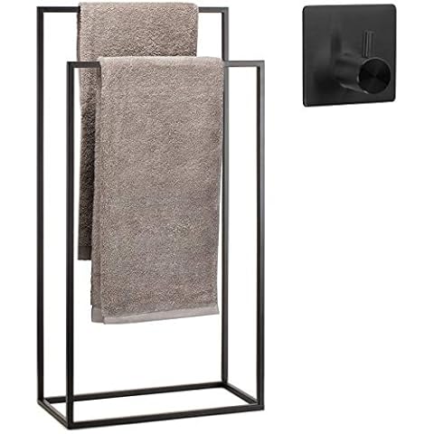 Smartpeas Free Standing Towel Holders Racks for Bathroom - Towel Storage Stand Made Of Stainless Powder Coated Steel - Black - 2 Towel Rails - Plus: Adhesive Hook Cover