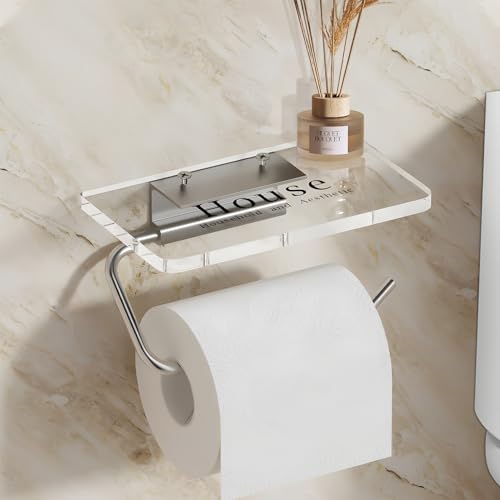 Yeelan Toilettenpapierhalter Wandmontage mit Acryl Handyablage, Aluminium Klopapierhalter Ohne Bohren, WC Rollenhalter, WC Papier Halterung mit 2 Montageoptionen, Klebeinstallation/Bohrinstallation