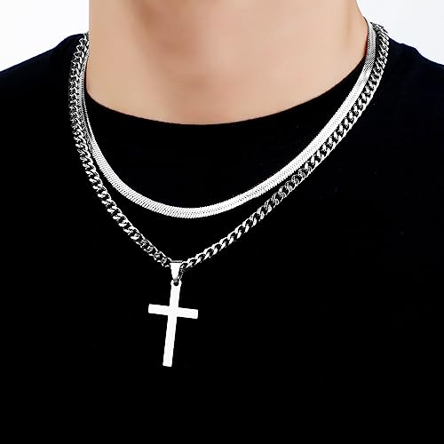 Layered Cross Necklace for Men Boys Stainless Steel Layered Snake Chain Cuban Link Chain 16-24 inch Christian Cross Pendant Religious Jewelry Gifts4