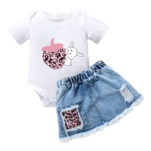 #ColaboraciónPagada<br>Conjunto Ropa para Bebé Niña de Verano Manga Corta Estampado de Letras Mameluco Falda Vaquera Rota Ropas de verano Trajes Conejo blanco 12 18 Meses