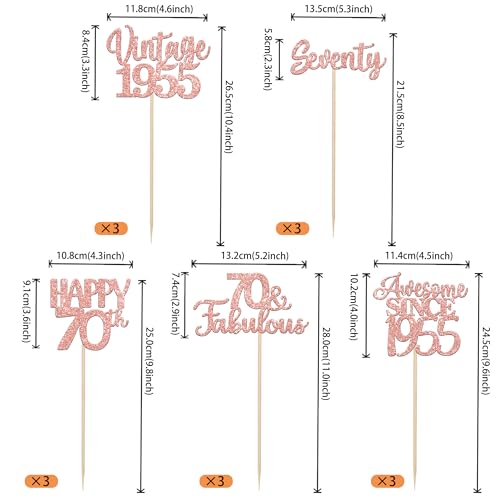 Image of 15 PCS 70th Birthday Centerpiece Sticks Seventy Glitter Happy 70th Vintage 1955 Table Flower Centerpieces Sticks Cheers to 70 Fabulous Floral Decorations for 70th Birthday Party Supplies Rose Gold