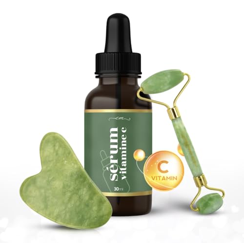 Rouleau de Jade avec Pierre Gua Sha et Sérum Vitamine C 30ml - Rouleau de Massage Jade Roller et Gua Sha Visage pour Cou, Mâchoire, Joues et Front, Coffret 3-en-1