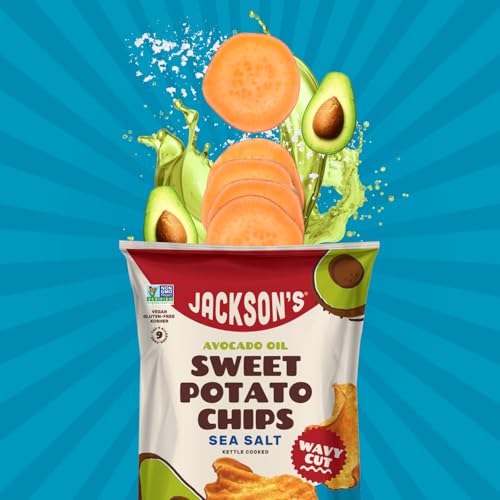 Image of Jackson's Wavy Sweet Potato Kettle Chips - with Sea Salt made with Premium Avocado Oil (5 oz, Pack of 7) - Allergen-friendly, Gluten Free, Peanut Free, Vegan, Paleo Friendly - Shark Tank Product