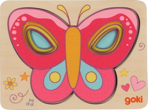 Goki - 57305 - Puzzle à Couches en Bois, Papillons Multicolores, 5 élements