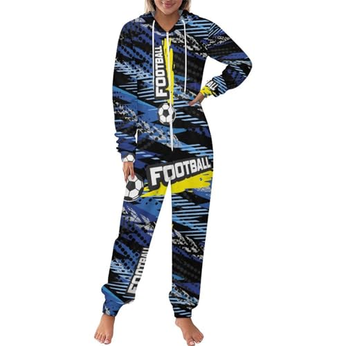 Fidiiog Hooded Energetic Football Warmy Flannel Onesie Pajama for Man Woman Long Sleeve Fashion Couples Zipper Homewear M