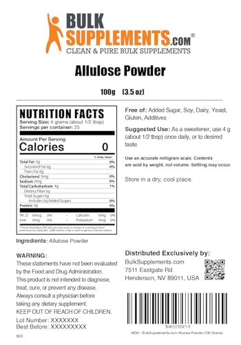 BulkSupplements.com Allulose Powder - Allulose Sweetener, Sugar Substitutes for Baking, Sugar Alternative - Pure & Gluten Free, 4g per Servings, 100g (3.5 oz) (Pack of 1)