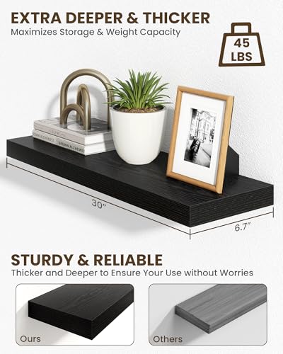 Marsmiles 30" Floating Shelves for Wall, Wooden Shelves with Invisible Brackets Set of 2, Rustic Farmhouse Wall Mounted Shelf for Kitchen Bathroom Living Room Study, Black - Image 4
