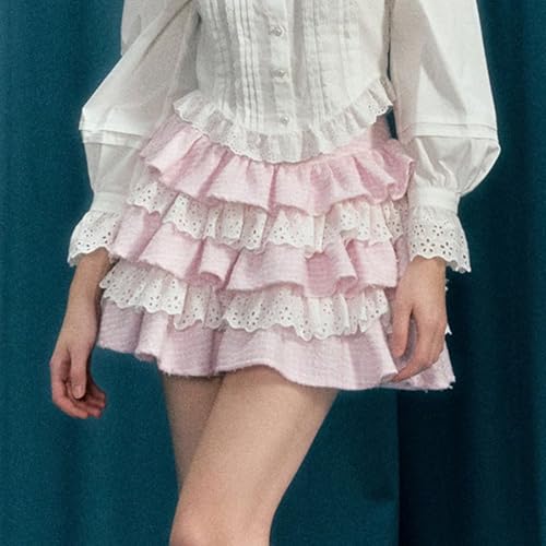 Women Ruffle Layered Mini Skirt High Waist Lace Patchwork Short Skirt Striped A-line Ruched Flowy Skrit4