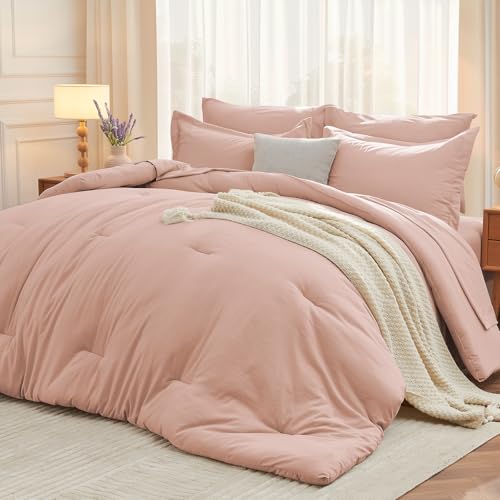 MUXHOMO 5 Pieces Twin Comforter Set, Soft Bed in a Bag Twin Size, All Season Bedding Set with Comforter, Flat Sheet, Fitted Sheet, Pillowcases & Shams, Rose Gold