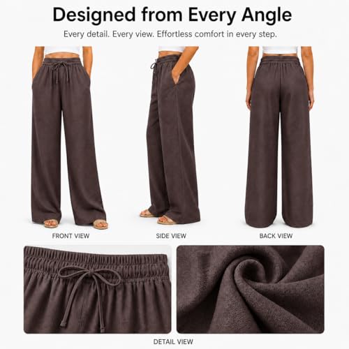 Image of Women Linen Wide Leg Pants High Waist Drawstring Elastic Waist Trousers Breathable Lightweight Summer Palazzo Pants Casual Travel Lounge Wear with Pockets