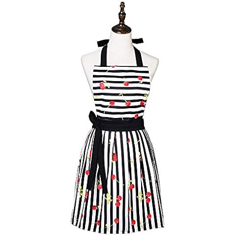 Lovely Comfortable Claccic Black Stripe and Fashion Cherry Skirt Kitchen Women Apron for Ladies Girls Wife Daughter (Black) Cover