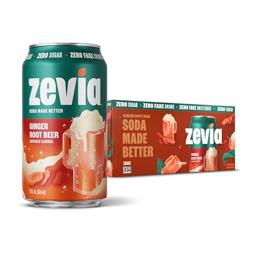 Zevia Zero Sugar Soda, Ginger Root Beer, 12 oz Cans (8-Pack) – Naturally Sweetened, Non-GMO Project Verified, Gluten-Free, Vegan