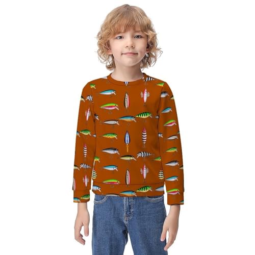 MZERSE Soft Kids Crew Neck Pullover Vintage Fishing Lure Style, Long Sleeve Sweatshirt for All Seasons, 8-10Y
