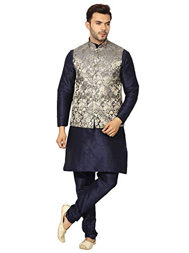 Image of Uri and MacKenzie Men's Silk Blend Regular Kurta Churidar Pyjama with Bundi Nehru Jacket /Waistcoat
