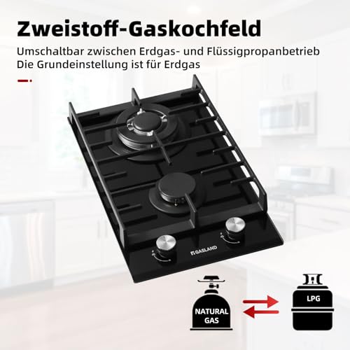 GASLAND GH2302BG1FC Glass Gas Cooktop - 2 Burner Butane Hob with Wok Burner, Built-in, 30 cm Black Glass Stove, 5200 W, LPG/NG - Image 5