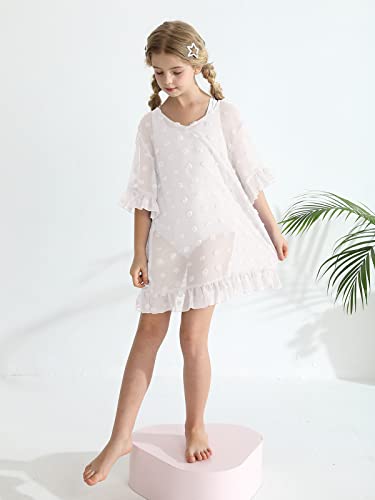 Girls Chiffon Swim Cover Up Swiss Dot Sheer Beach Wraps For 3-12 Years Kids (White, 7-8Y) #TOP3