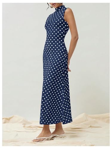 Image of Milumia Women's Polka Dots Maxi Tank Dress Vintage Mock Neck Sleeveless Elegant Long Dresses