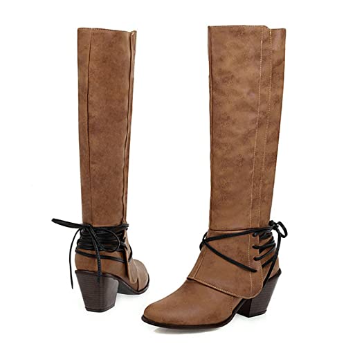 Knee High Boots Women - Vintage Pointed Toe Straps Lace Up Chunky Heel Long Boots Winter Warm Solid High Heel Leather Riding Boots Casual Shoes4